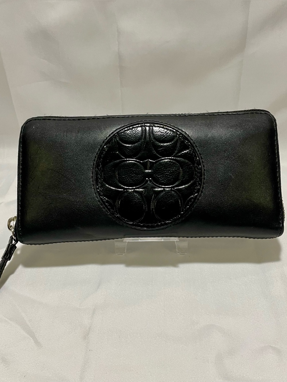 Coach Black Leather Accordion Zip Around Wallet With Patent Leather CC Medallion